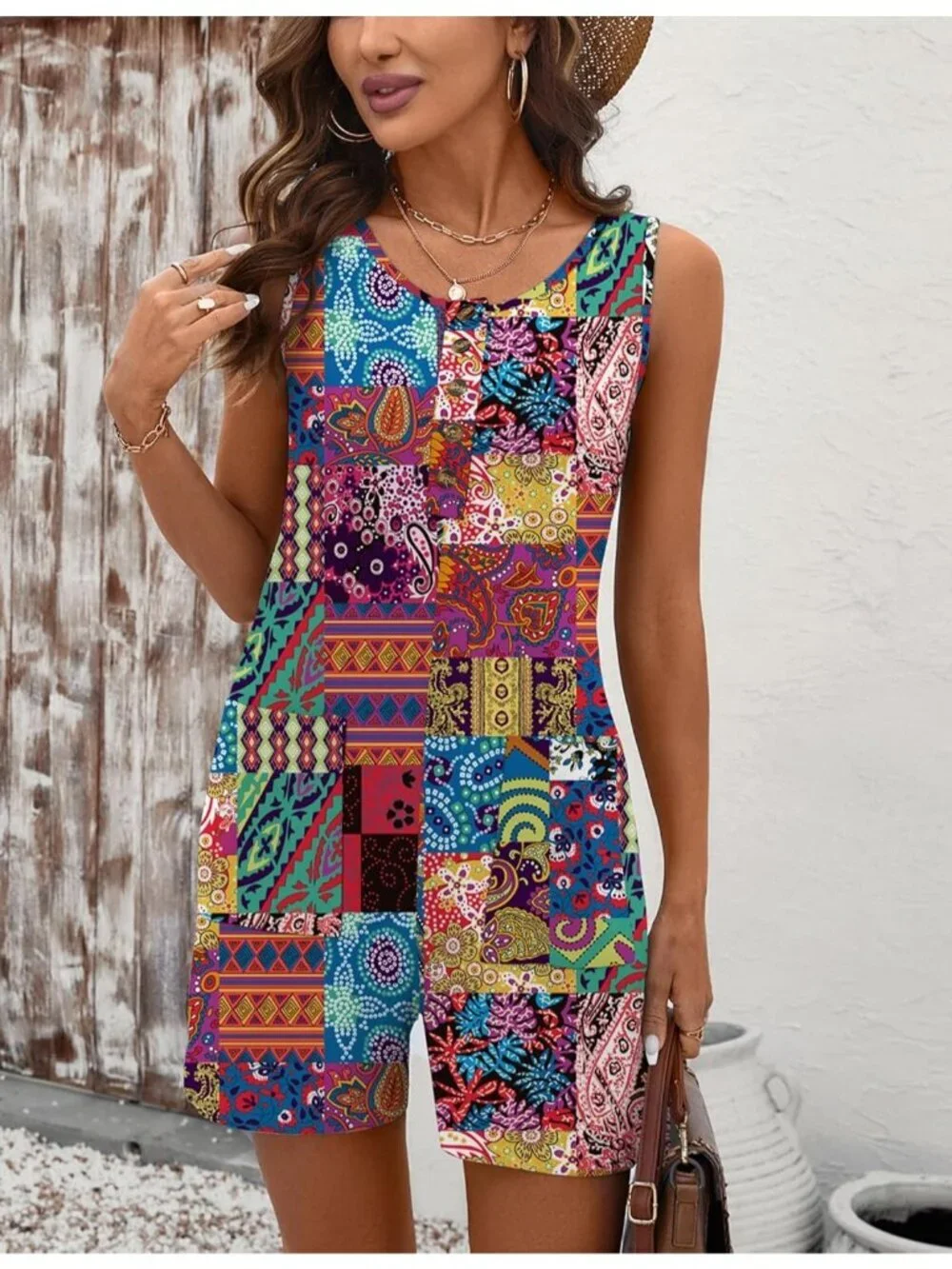 Women Colorful Polyester Casual Sleeveless Scoop Neck Short Jumpsuits Rompers - Picture 5 of 6